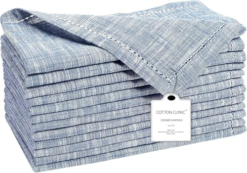 Cotton Clinic 12 Pack Farmhouse Style Slub Textured 18x18 Cloth Dinner Napkins, 100% Cotton for Everyday Use and Events - Soft and Durable Cocktail Napkins, Wedding Dinner Napkins, Navy Blue