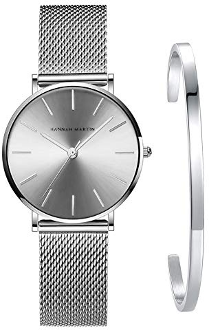 Kubagom Damen Uhren Analog Quarz Edelstahl Wasserdicht Mesh Ultradünne Set mit Armreif