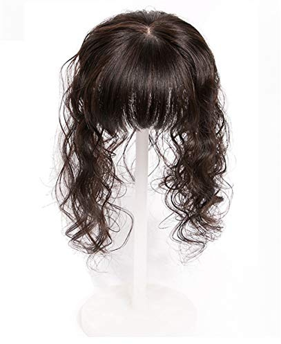 Lockiges Echthaar-Kronenaufsatz mit Pony, für Frauen, 10,2 x 11,9 cm, Seidenbasis, Haarteile für Haarausfall, 25,4 cm, natürliches Schwarz