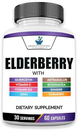 American Standard Supplements Elderberry Extract with Quercetin, Vitamin C, D3, Ginger, Zinc, Turmeric, Astragalus and Echinacea – 60 Capsules, 30 Servings