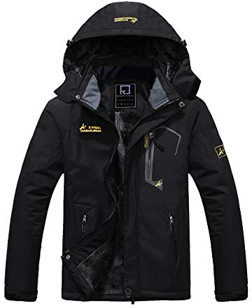 R RUNVEL Mens Waterproof Coats Winter Fleece Jackets Outdoor Warm Thermal Rain Jacket with Hood for Hiking Ski Walking Camping Mountain Working Fishing Hunting Black UK Large