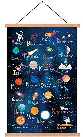 KAIRNE Outer Space Art Print With Wood Magnetic Poster Hanger Frame, Abstract Universe Educational Poster,Astronomy Alphabet Letters Canvas Wall Art,40X64CM Hanging Painting For Home Classroom Decor