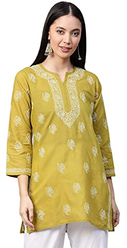 Ada Indian Handcrafted Latest Chikankari Green Cotton Top Tunic Shirt Kurti for Women A210822 (XL)