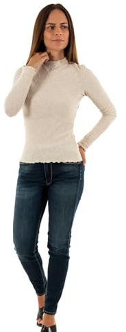 ONLY Damen Dünnes Langarmshirt, Gerippter Stehkragen Basic Longsleeve ONLEMMA, Wavy Top, Farben: Beige, Größe: M