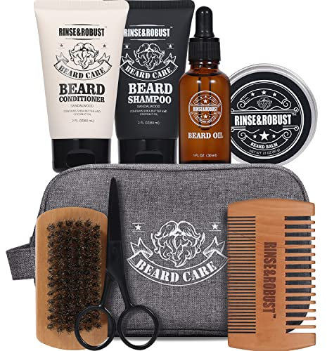 Rinse & Robust 8-teiliges Bartpflege-Set für Männer, Bartwäsche & Bart-Conditioner-Set, Geschenk für Männer mit Reisetasche, Sandelholz-Duft, Bartbürste, Bartkamm, Bartschere, Bartshampoo