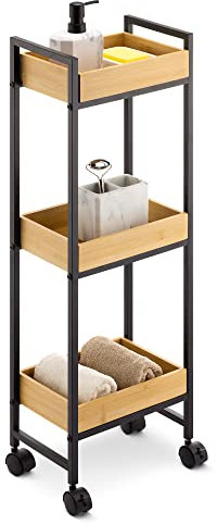 Navaris Bambus Rollwagen 3 Etagen - Mobiler Badezimmerwagen mit Rollen - Nischenwagen Küchenwagen Rollregal für Bad Küche - Nischenregal auf Rollen