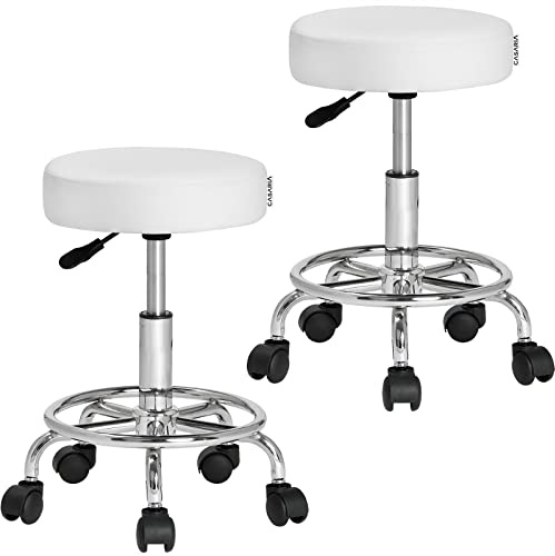 CASARIA® 2X Taburete Oficina con Ruedas Giratorio 360° Redondo Ø 35cm Ergonómico Silla Escritorio Trabajo Altura Regulable 51-65cm Acolchado 10cm Blanco