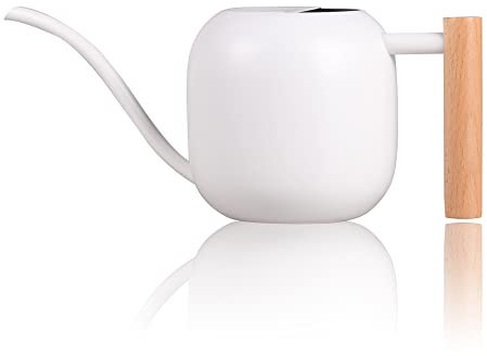 IMEEA 1L Holzgriff Gießkanne，kleinere Topfpflanzen Edelstahl-Gießkanne mit langem Auslauf und komfortablem für Zimmerpflanzen Sukkulenten(Weiß)