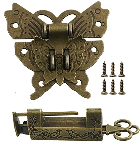 Antikes kleines chinesisches Schloss und Schmetterlingsriegel, Haspe ZZLZX 1 Set, Möbel, chinesische alte Box, Schnappverschluss und Vintage-Messing-Vorhängeschloss mit Schlüssel für Schrank, Schmuck,