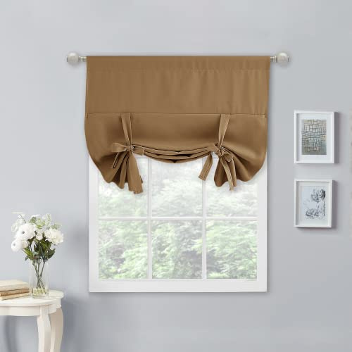 NICETOWN Blackout Curtain for Bathroom Windows Adjustable Tie Up Shade/Blackout Curtain with Rod Pocket Top for Kitchen/Office/(Solid in Gold Brown, 34 inches W x 45 inches L, Set of 1)