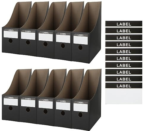GOYADA 10 Pcs Magazine File Holder, Cardboard Magazine Holder with Labels, 9 x 26 x 27CM Recyclable Folder Holder, File Storage Rack for Shcool Home Office Desktop Organiser (Black)