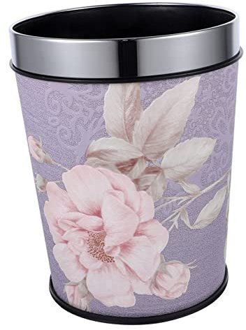 KICHOUSE Vintage Style Waste Paper Bucket 5l Retro Garbage Can with Stainless Steel Ring, Open Top Trash Bin for Office and Bathroom Use, Purple Trumpet Flower Pattern Random Style