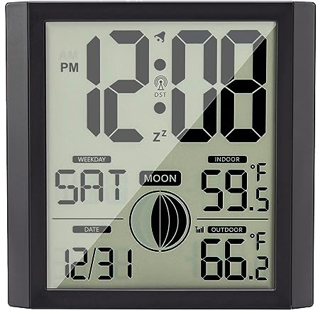 Warminn Atomic Wall Clock with Indoor/outdoor Temp Large Number Display Silent Battery Operated Alarm Analog Digital Clocks for Bedroom Dementia Seniors Desk Living Room Office Bathroom Kitchen Shower