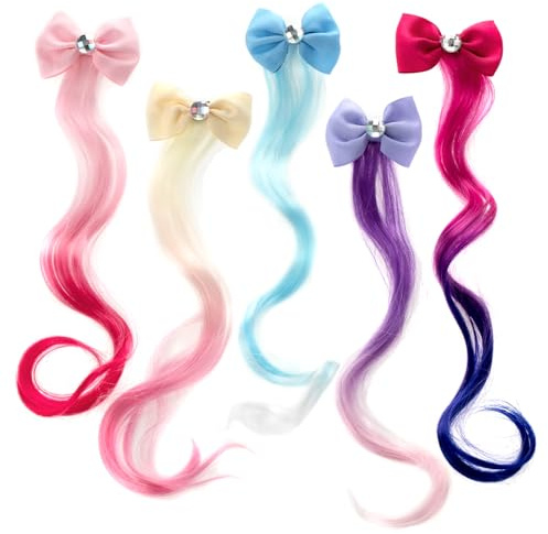 Locken Haarverlängerung Clips, 5 Stück Little World Haarsträhnen Kinder Bogen Prinzessin Haarspangen Mädchen Haarschmuck Bunte Haarsträhnen, Haarschmuck Mädchen Bunte Haarteile Party Ankleiden