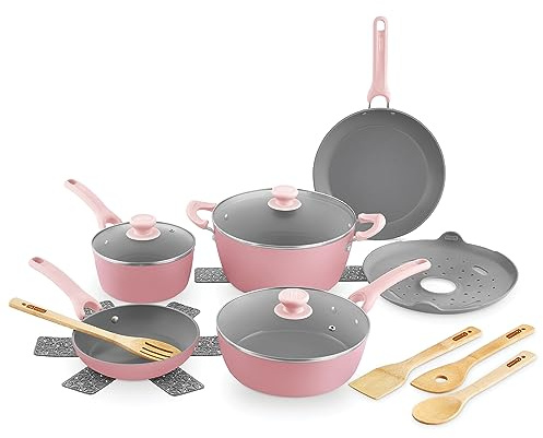 DASH Dream Green - Juego de utensilios de cocina de cerámica antiadherente, 15 piezas, color rosa, aluminio reciclado y cerámica, juego de utensilios de cocina antiadherentes, apto para horno y