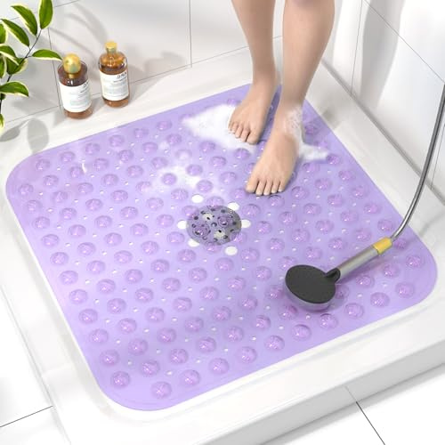 HITSLAM Duschmatte rutschfest, 53x53cm Antirutschmatte Dusche mit Saugnäpfen, Badewannenmatte rutschfest BPA Frei, Maschinenwaschbar Badematte, Weich auf den Füßen Rutschmatte Dusche, Violett