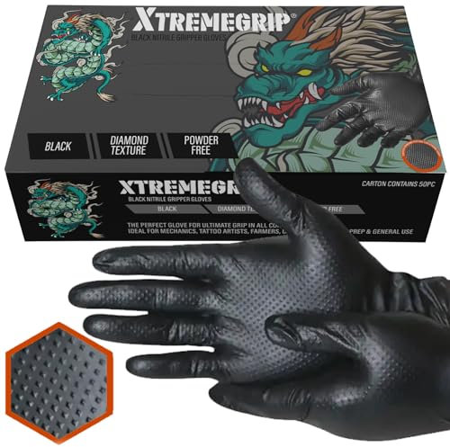 Xtremeauto Nitrile Gloves - Disposable, Diamond Grip Black, Powder-Free & Latex Free - Extra Thick & Strong Rubber for Mechanics (1 Box, Medium)
