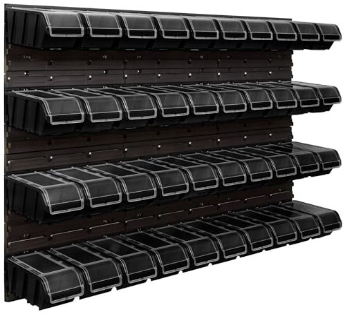 SimpleThing Lagersystem Werkstattregal | 117 x 78 cm | 40 stck. Box | Wandregal mit Stapelboxen - Wandplatten Extra Starke Schüttenregal Warkzeuglochwand Lagerregal Garage Regal