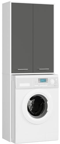 AKORD | Armadio Pensile per Lavatrice FIN 180 | Armadio di trasformazione con 2 Ante, 4 Ripiani | Archivio per bagno | Cassettiera per lavatrice | 64x180x30 cm | Bianco + Grigio Grafite Frontale
