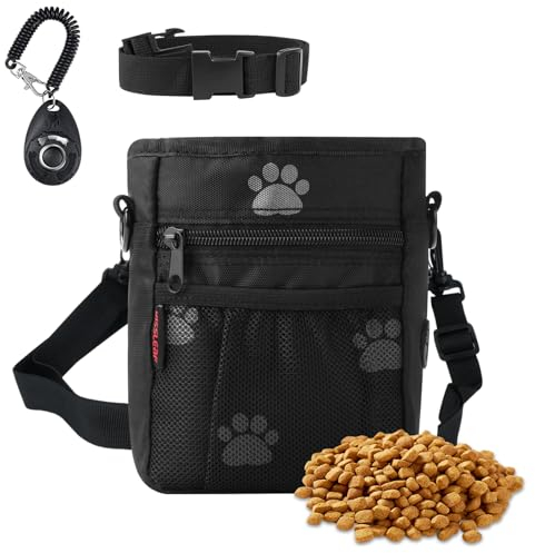 kissleaf Dog Treat Pouches for Pet Training, Treat Pouches for Pet Training,Large Dog Treat Training Pouch and Dog Clicker,Dog Training Treat Pouch Built-in Poop Bag Dispenser-Black Pattern.