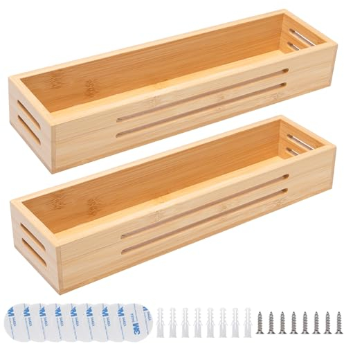 Pilikoll 2 Pezzi Bambù Porta Spezie con Autoadesiv, Vite Mensole Cucina Porta Spezie Porta Spezie da Cucina in Bambù Portaspezie da Appendere Portaspezie da Parete Porta Spezie per Cucina da Parete