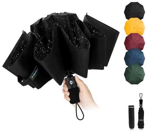 Chakipee Ombrello Pieghevole Pioggia da Viaggio Antivento - Ombrello Nero per Uomo Automatico Apri Chiudi,Inverso Portatile per la Compatto, Rivestimento in Tessuto 210T Apertura 105 cm 10 Stecche