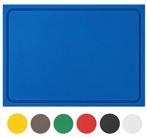 MUVELL Planche à découper en plastique PE-HD Bleu, 35x25x2 cm, passe au lave-vaisselle, extra épaisse, n'abîme pas les couteaux bac à jus
