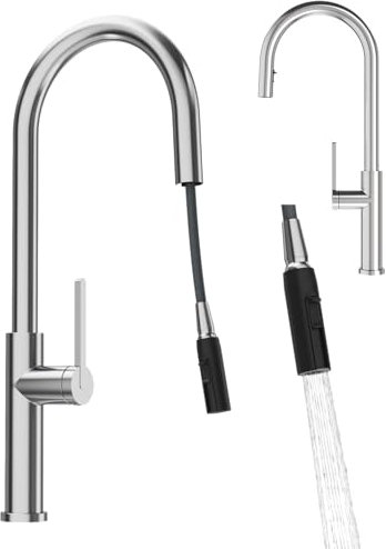 Granitan PRATI Mischbatterie Küche - Küchenarmaturen mit Brause Schwenkbarer Ausziehbar ⌀35mm - Wasserhahn mit Schlauch mit Zwei Sprühfunktionen - 53x25 cm - Silber