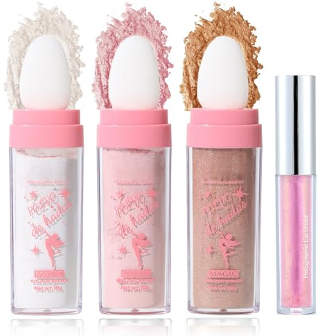 Fairy Highlighter Patting Puder + Lipgloss Set, 3 Stück Polvo de Hadas & Lip Gloss Schimmer, Highlighter Stick Hochpigmentiert & Wasserfest, Lippenöl & Konturenstift & Rouge Stick & Gesicht Brighten