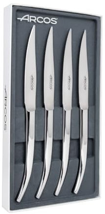 Arcos Serie Cuchillos de Mesa - Set de 4 Cuchillos Chuleteros con Filo Liso - Monoblock de Acero Inoxidable de 110 mm - Cuchillo Monoblock Acero Inoxidable Color plata