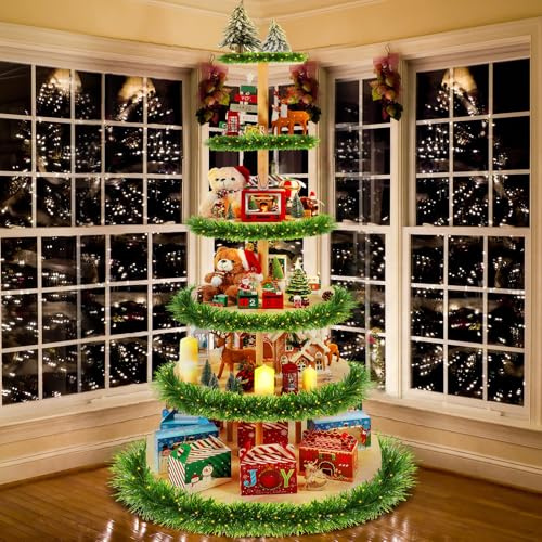 DoubleFill 6 Tier 72 Inch Christmas Tree Village Stand Christmas Bookshelf Display Supply Large Xmas Ornament Displays Tree Stands Xmas Wooden Display Trees Stand for Holiday Displays(Circle)
