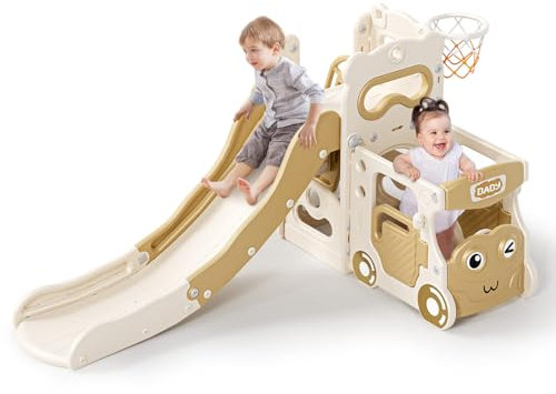 Kids Slide,4 in 1 Indoor Kids Slide,with Basketball Hoop, Basketball,Car head storage,1950mm Extra Long Slide,for Ages 18-36 Months(Beige-Brown)