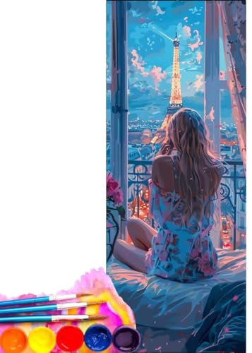 Malen Nach Zahlen Erwachsene Kit, Malen Nach Zahlen Paris Mädchen Anfänger mit Pinseln und Acrylfarben, DIY Handgemalt Ölgemälde Basteln Set für Anfänger für Home Wall Deco (Rahmenlos) 30x60cm wk-755