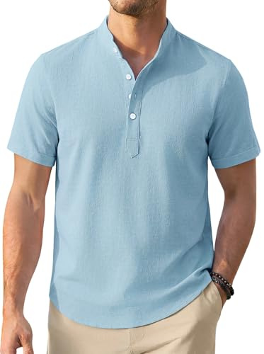 Enlision herr bomull linne skjortor kortärmade lediga kraglösa farfarskjortor för män sommar semester strand Henley skjorta toppar, Himmelsblått, 4XL