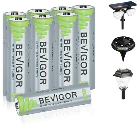 BEVIGOR Rechargeable AA Batteries, 8pack 1000mAh 1300 Cycles 1.2V Ni-MH Double A Solar Batteries True Capacity, Pre-Charged for Solar Lights, String Lights, Solar Pathway Lights