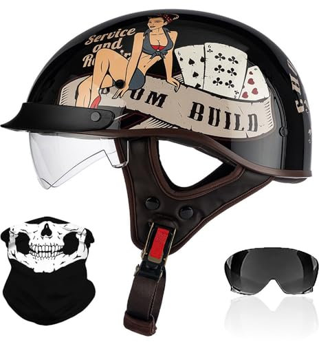 RHBDDHV Retro Motorrad Halbhelme, Motorradhelm mit ECE Zertifiziert, Vintage Deutscher Stil Jethelm mit Visier, Halbschalenhelm Damen und Herren, für Biker Chopper Cruiser Roller Scooter