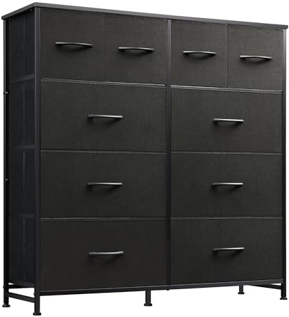 WLIVE Dresser for Bedroom with 10 Fabric Drawers, Tall Chest Organizer Units for Clothing, Closet, Storage Tower with Cabinet, Metal Frame, Wooden Top, Black Dresser for Living Room