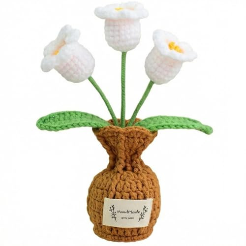 Aiouclay Crochet Lily of The Valley Vase, Cute Crochet Gift, Knitted Flowers, Adroable Gift for Women Birthday, Teacher's Day, Graduation, Home Office Decor (White with Vase)