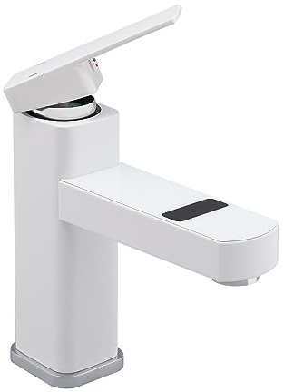 Wasserhahn Bad Waschtischarmatur 0-99° Heiß und Kalt einstellbar Waschbecken Armaturen Digitaler Wasserhahn (Weiß)