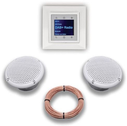 BERKER Unterputz DAB+ und Bluetooth Radio 30848989 polarweiß glänzend mit 1fach Rahmen Berker + 2 x Feuchtraum/Badezimmer - Deckenlausprecher Einbaulautsprecher + 20 Meter EBROM Lautsprecherkabel