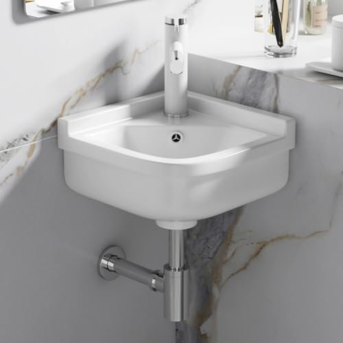 YUGXTH Lavabo d'angle, Meuble-lavabo d'angle en Céramique, Meuble de Salle de Bain d'angle a Montage Mural, Vasque Triangulaire en Céramique, pour Petit Espace
