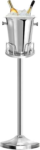 WUDLEP Silver Ice Bucket with Stand, 5L 201 Stainless Steel Champagne Cooler Chiller with Carrying Handle, Stand up Ice Bucket for Wine Beer KTV Club Bar BBQ Party