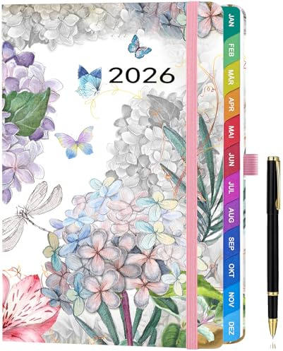 Kalender 2026 A5 Deutsch – Wochenplaner & Terminplaner mit Monatsübersicht, Januar bis Dezember 2026, mit bunten Monatsregistern, farbenfrohen Innenseiten, Innentasche & Stift - Blume