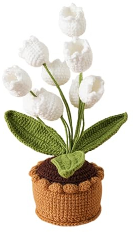 Tissting Crochet Flowers Potted Handmade Crochet Lily of the Valley Bouquet Potted Plants Knitted Artificial Forever Flowers with Pot for Home Decorations, Office Desk (C)