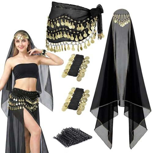 GANZHOUYILAN 4-teiliges Bauchtanz-Hüftschal-Set, Bauchtanzrock und -Kopftuch mit Münzen, ein Paar Münzen-Armband, 50 Stück Haarnadeln, für Damen, Halloween, Rave-Kostüm-Zubehör
