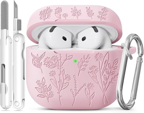 Joremx Silikon Niedliches Grasmuster Hülle (Rosa-für AirPods 4) | Case mit entzückendem lasergraviertem Pflanzenmuster, Damen & Mädchen Schutzhülle, inkl. Reinigungsset & Schlüsselanhänger