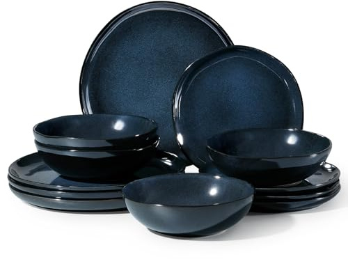 Homikit 12-Piece Dinner Set, Reactive Glaze Stoneware for 4, Nebulas Blue | Irregular Shape Plates and Bowls Set for Home Dinner Camping, Non-Toxic & Scratch Resistant, Microwave and Dishwasher Safe