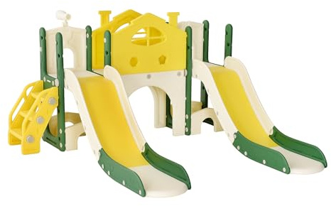 Kinderrutsche Outdoor 7 in 1, Rutsche Outdoor Mit Doppelrutsche, Klettergerüst, Alphabet Leiter, Teleskope, Tunnel, Stauraum, Freistehende Rutsche, Indoor Outdoor Kinder Spielplatz (Doppelrutsche)