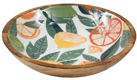 Carousel Home Large White Citrus Zest Wooden Fruit Bowl | Mango Wood Enamel Salad Bowl | Decorative Serving Dish - 30cm