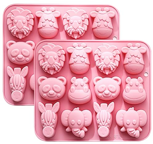 Silikon-Backform Tiermotive 2er-Set Rosa, 18,5 x 15,8 cm | Löwe, Panda, Zebra, Nilpferd & Elefant, Für Süßigkeiten, Für Schokolade, 12 Mulden